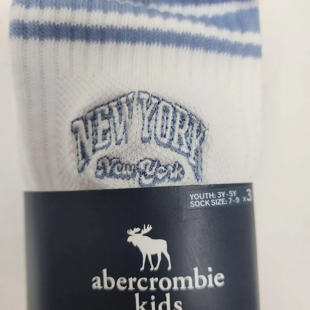 Abercrombie Kids Socks Youth XS White Striped City Crew 3 Pack Super Soft